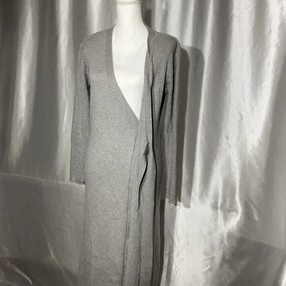 WAYF Ribbed Knit Gray Wrap Midi Dress size LWith Long Sleeves & Adjustable Tie B - Picture 5 of 9